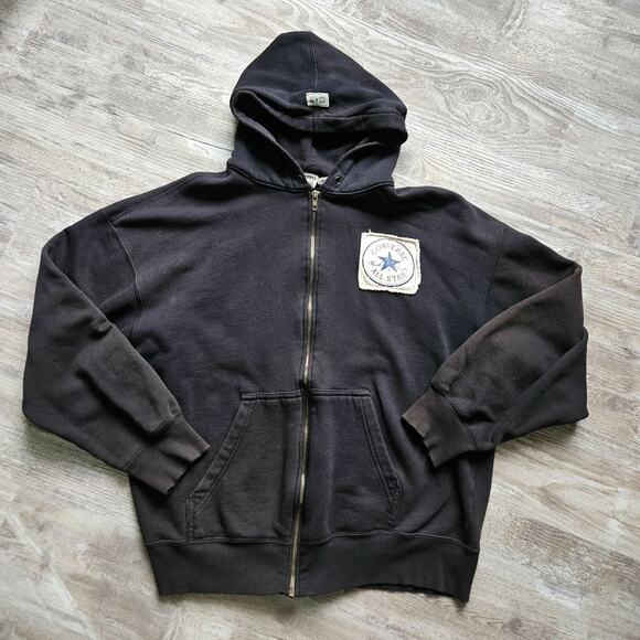 Vtg Converse All Star Sz XXL Black Full Zip Hoodie Cotton Distressed Sweatshirt - Picture 2 of 16
